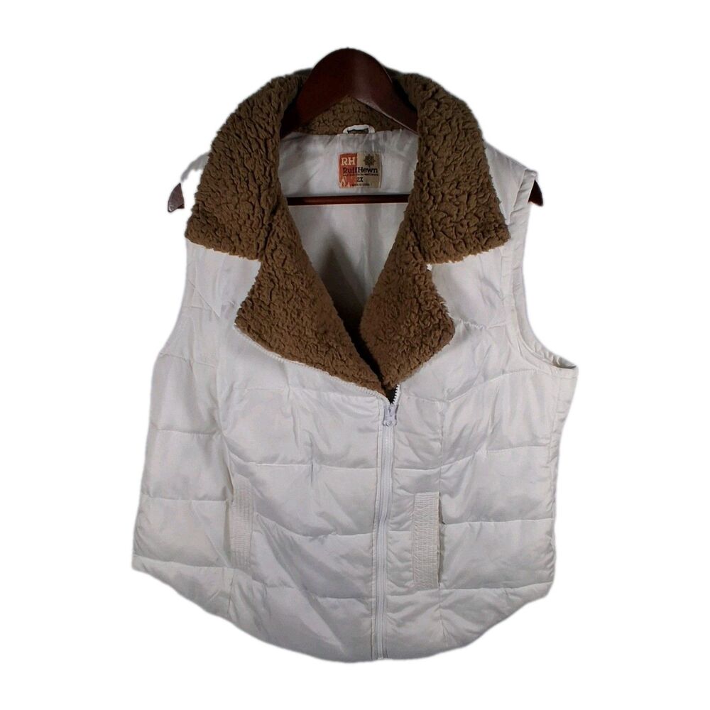 Ruff Hewn Women’s 2X Faux Fur Collar White Puffer Vest Classy Cozy